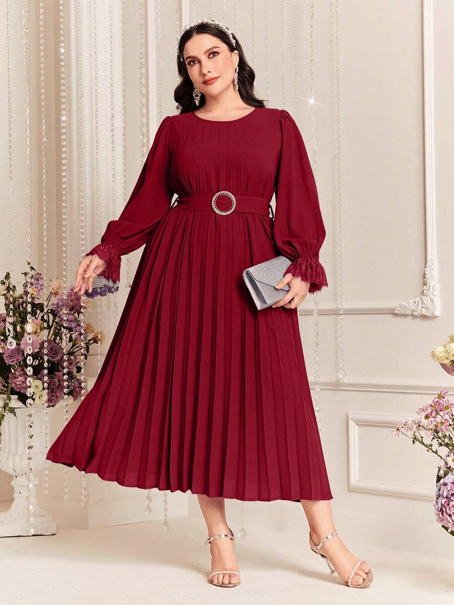 Modelyn Váy xếp ly tay bèo nhún ren màu trơn cỡ lớn màu đỏ tía - Màu Đỏ Sâu - Xem 1