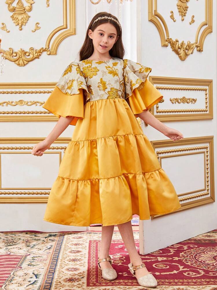 Tween Girls' Adorable Jacquard Contrast Two-Layered Ruffle Sleeve Long Layered Dress