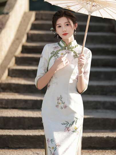 Chinese Style Floral And Botanical Print Cheongsam Dress With Slits And Buckle