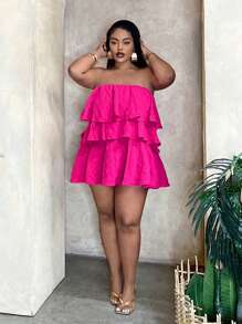 Slaydiva Ruffled Hem Bandeau Top, Casual & Holiday Style, Summer - Hot Pink - View 5