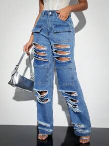 SHEIN BAE Vaqueros De Pernera Recta Con Rotos Y Agujeros