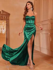 Faeriesty Ruched Bust Open Back Tie-Up High Slit Satin Slip Dress - Dark Green - View 6