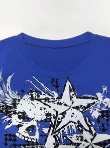 INAWLY Women's Skeleton & Star Print T-Shirt Graphic Tees Women Tops - Blue - View 3