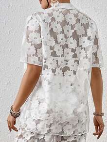 SHEIN Swim 女性花卉網紗短袖和服外套 - 白色 - 查看 2