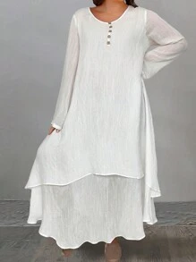 SHEIN LUNE 女士大尺碼鈕扣裝飾連衣裙 - 白色 - 查看 5
