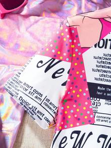 SHEIN Tween Girls' Cartoon Character & Newspaper Print Round Neck Dress - Black and White - View 6