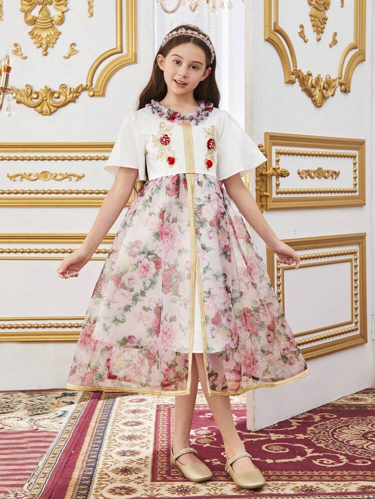 Tween Girls' Lovely Color Block Flower Print Splicing Ribbon & Patchwork Decorated Dress