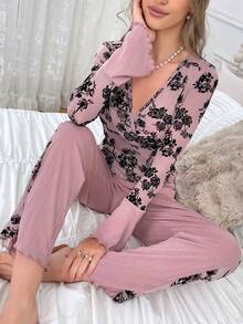 Floral Patchwork Print Comfortable Pajamas Set - Dusty Pink - View 3