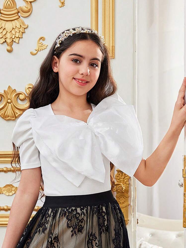 Tween Girl Adorable Bow Decorated Short Sleeve Solid Color T-Shirt