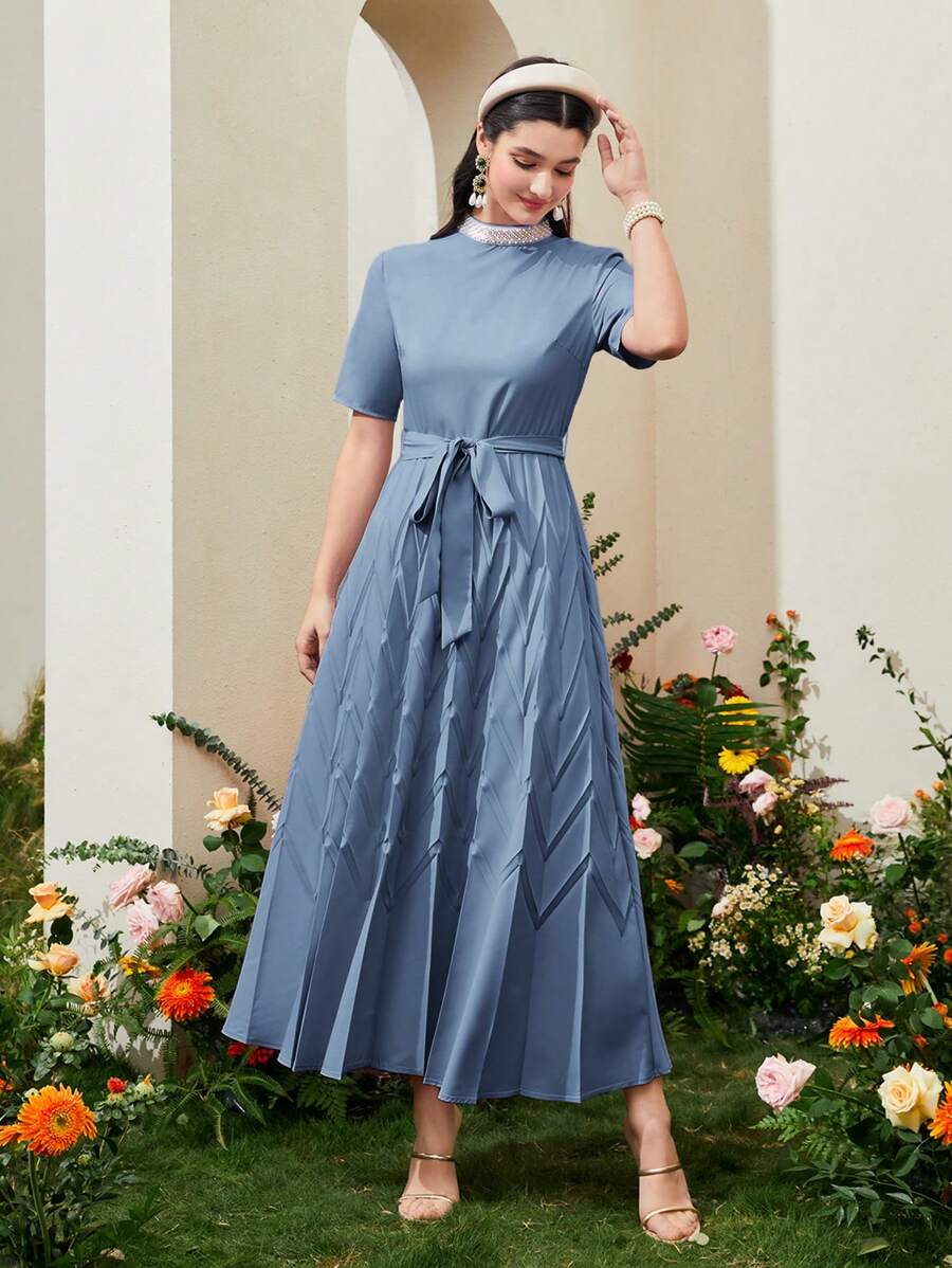 Modelyn 女士串珠裝飾立領連衣裙 - 藍色 - 查看 1