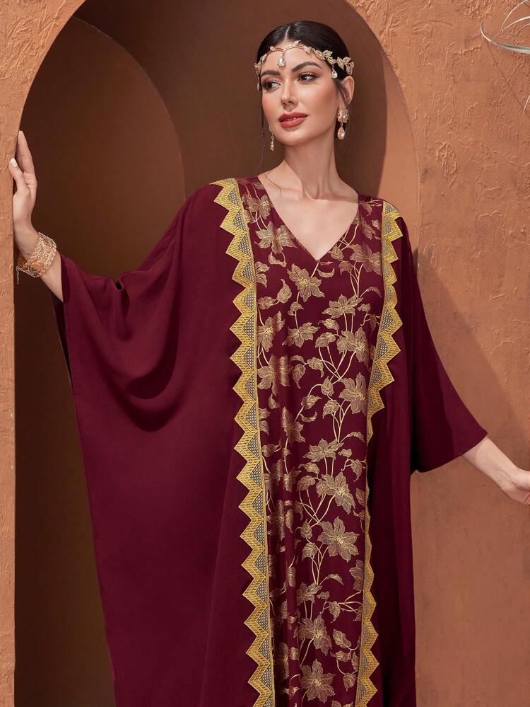 Burgundy Red Floral Print V-Neck Batwing Sleeve Dress Kaftan Jalabiya Dress