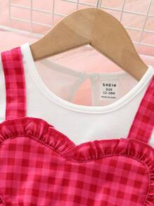 SHEIN Baby Girl Casual Elegant Vintage Cute Plaid Patchwork 2 In 1 Dress With Fun Design Suitable For Spring And Summer Outings