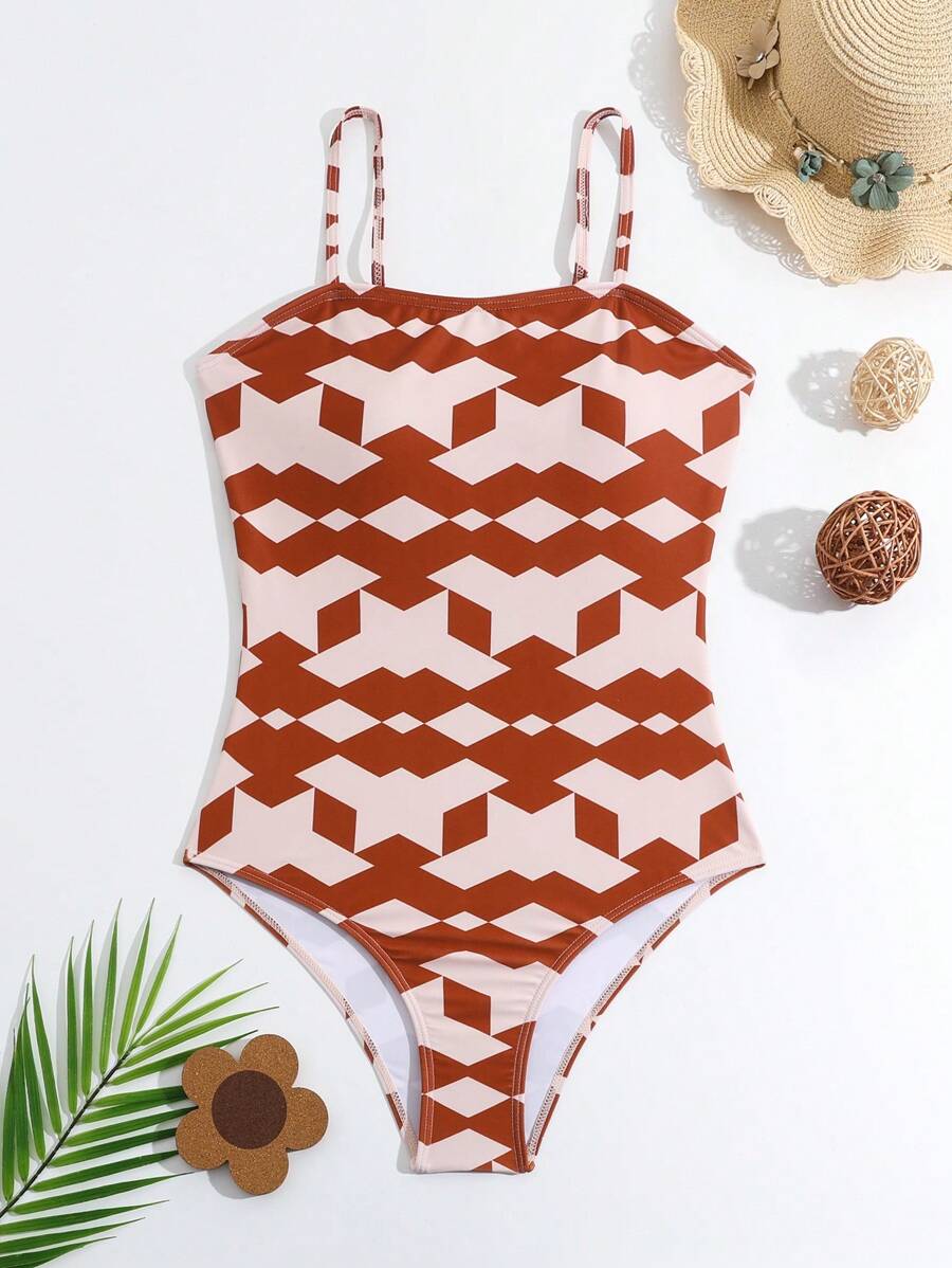 青少女幾何圖案連身泳裝 - 彩色 - 查看 1