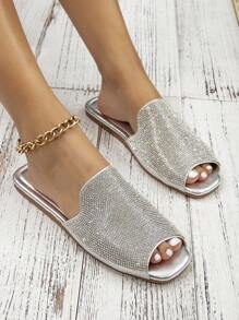 High-End Women's Elegant Silver Rhinestone Peep Toe Flat Sandals Valentines,Spring Summer Outfits - Silver - View 2