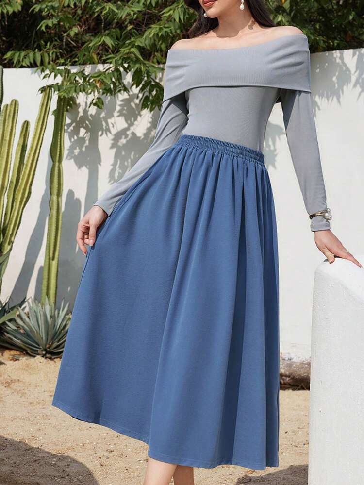 Ladies' Off Shoulder Top And Skirt Set In Color Blocking 2 Piece Set