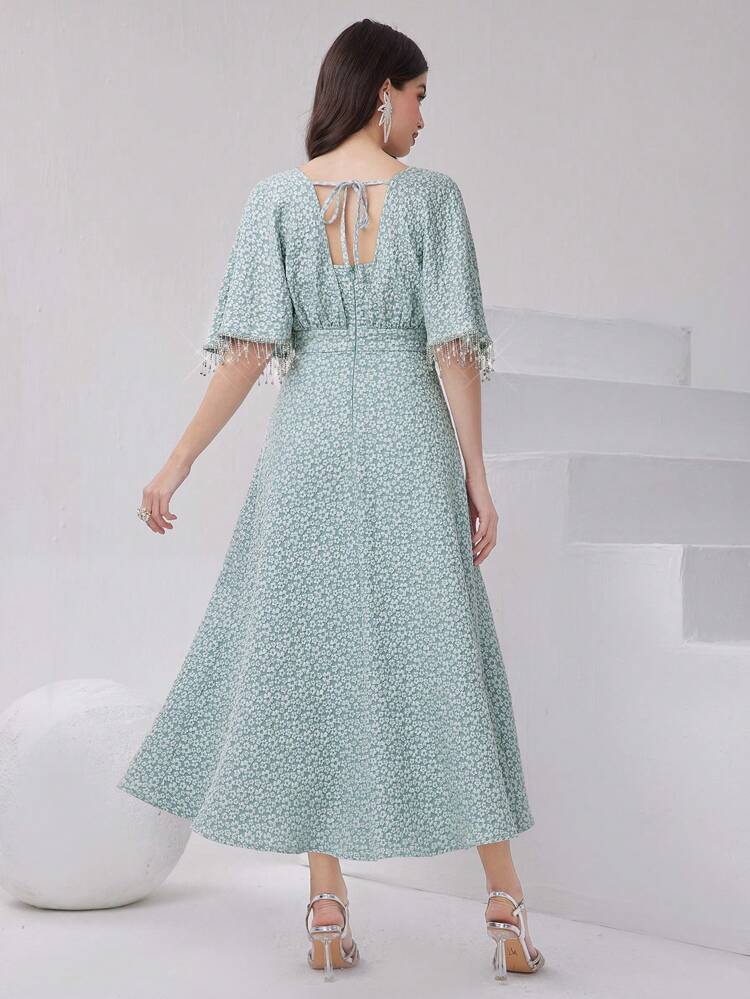 Women's Floral Print Dress With Rhinestone & Tassel Decoration Long Evening Dresses