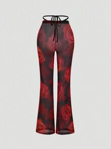 VaVaBold Rose Print Mesh Sheer Flare Pants - Multicolor - View 2