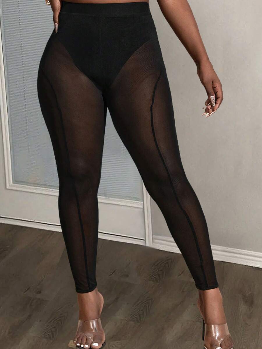 Slaydiva Panty Lined Sheer Mesh Leggings - Black - View 1