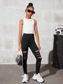 SHEIN Tween 女童针织纯色破洞休闲紧身裤 - 黑色 - 查看 3