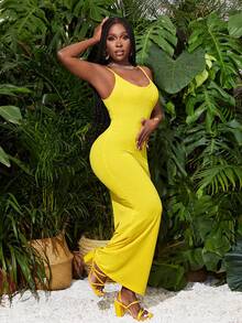 Slaydiva Mùa hè Đơn giản Thường ngày Kỳ nghỉ Cổ chữ U Dây rút có gân Slim Fit Váy ba lỗ dành cho nữ - Màu vàng - Xem 4