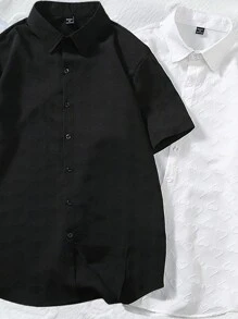 Manfinity Homme Camisa De Manga Corta Con Corazón En Relieve Para Hombres - Blanco y Negro - Ver 2