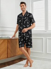 Men's Butterfly Printed Color Block Piping Trim Homewear Set - Black - View 5