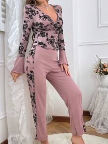 Floral Patchwork Print Comfortable Pajamas Set - Dusty Pink - View 4