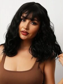 女士合成耐熱卷髮假髮,自然黑色長20英寸,整體機器製造,適用於日常使用 - 黑色 - 查看 4