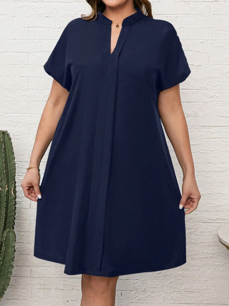 Plus Size Summer Notched Neckline Black Short Sleeveblack Dress With Cut-Out Detail