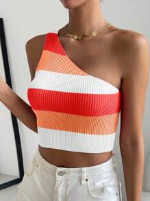 Breezaya Ladies' Striped One Shoulder Sleeveless Knit Top - Multicolor - View 7