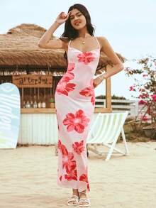 SHEIN WYWH Women's Casual Floral Print Draped Neck Backless Tank Long Dress, Suitable For Vacation - Multicolor - View 3
