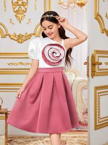 SHEIN Tween Girl Twin Girl's Casual Two Piece Set, One Shoulder Puff Sleeve Top & A-Line Skirt With 3d Floral Embellishment