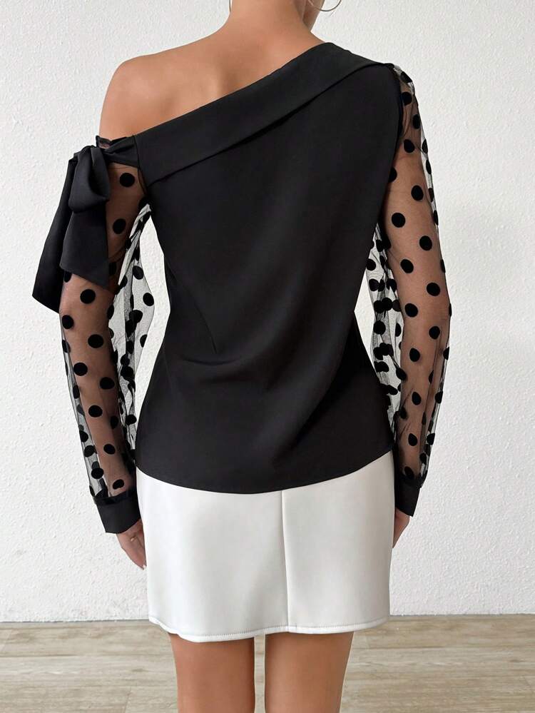 Asymmetric Collar Mesh Splice Long Sleeve Shirt