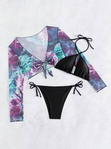 SHEIN Swim 女士纯色打结侧比基尼套装带随机图案性感防晒沙滩和服 3 件套夏季 - 彩色 - 查看 7