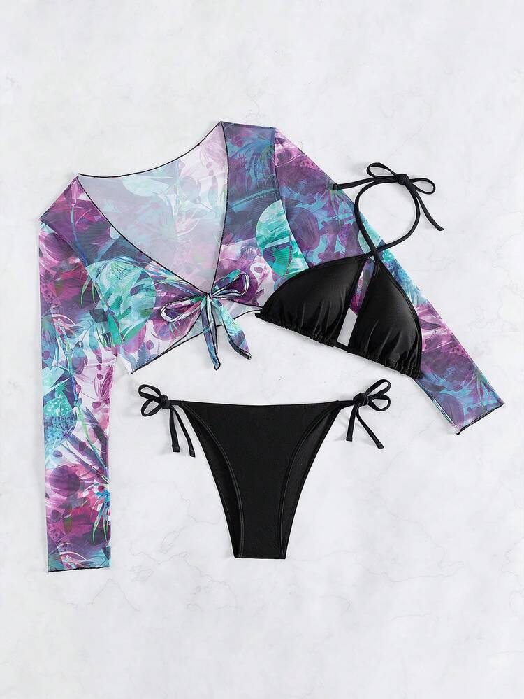 Women's Solid Color Knotted Side Bikini Set With Random Pattern Sexy Sunscreen Beach Kimono 3pcs Summer