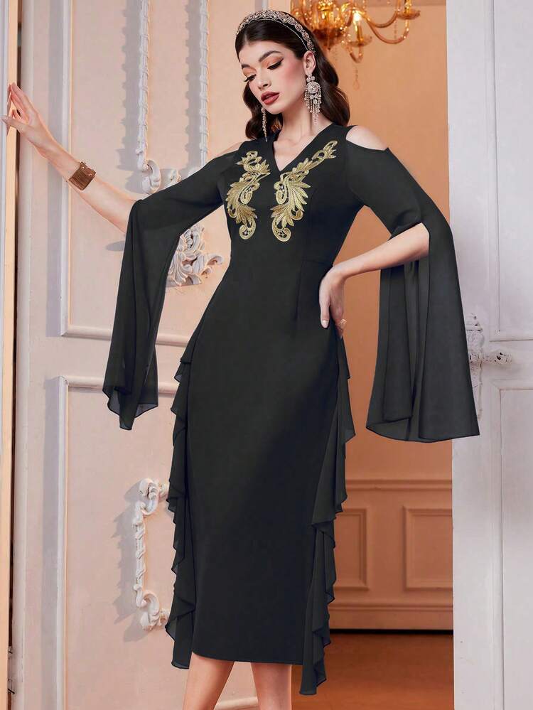 Embroidered Detailing Cold Shoulder Neckline Cinching Waist Ruffle Hem Decorated Dress Long Evening Dresses