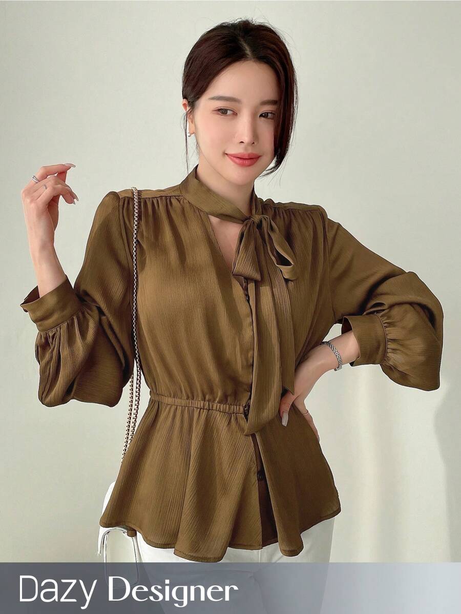 Dazy Designer Women's Waist Drawstring Design Shirt With A Sense Of Style,Ruffle,Fall Women Clothes Long Sleeve Top - Khaki - View 1