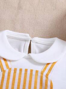 SHEIN Bộ đồ sơ sinh cho bé trai - Quần yếm kẻ sọc chữ cái, áo tay ngắn cổ Peter Pan và mũ - Màu vàng - Xem 3