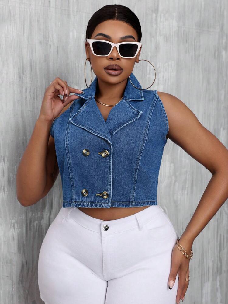 Plus Size Women Summer Double Breasted Patchwork Lapel Casual Denim Vest Jacket