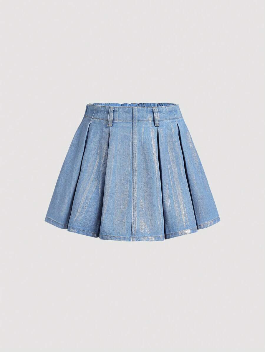 SHEIN Teen Girl Y2K Metallic Solid Washed Pleated Denim Skirt, Girls Spring Summer Clothes Outfits - Light Wash - View 1