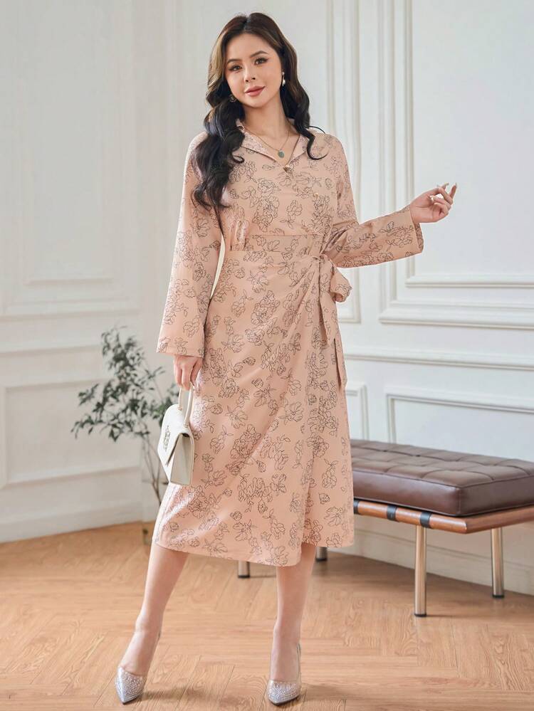 Floral Print Turn-Down Collar Tie Waist Dress Shirt Dress,Fall Dress Long Sleeve Dress