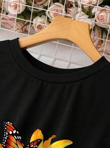 EMERY ROSE 休閒向日葵圖案寬鬆女式短袖圓領連衣裙，適用於夏季保持美麗 - 黑色 - 查看 3