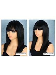 180% Density Straight Human Hair Wig With Bangs 12-14 Inch Natural Black Remy Scalp Top Full Machine Made Wigs For Women Daily Use