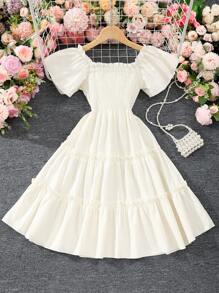 Vestido De Manga Corta Acampanado De Color Liso Para Niñas Preadolescentes - Albaricoque - Ver 2
