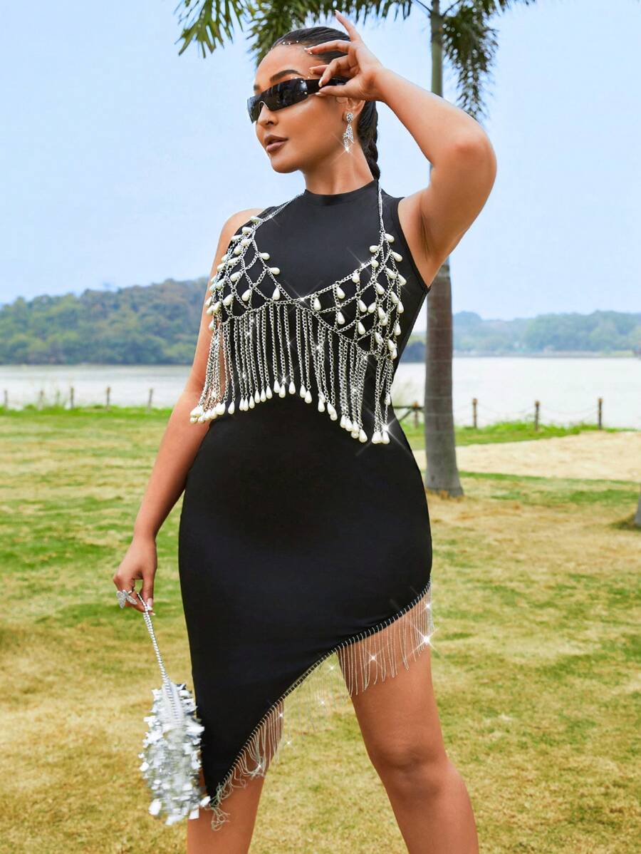 Zolique Women's Faux Pearl Necklace Halter Neck Tank Top - Silver - View 1