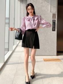 DAZY Bow Knot Tie Neck Chiffon Ruffle Hem Blouse - Purple - View 5