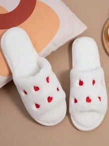 Damen Hausschuhe mit Herz-Stickerei für Herbst/Winter, süße flauschige offene Zehenschuhe zum Hineinschlüpfen, warm für Innen- und Außenbereich, weiß - Weiss - Übersicht 2