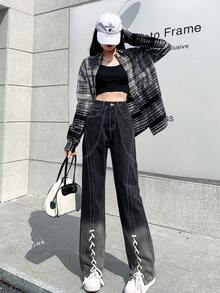 Ladies' Casual Gradient Color Tie Waist Straight Leg Jeans With Split Hem - Black - View 3