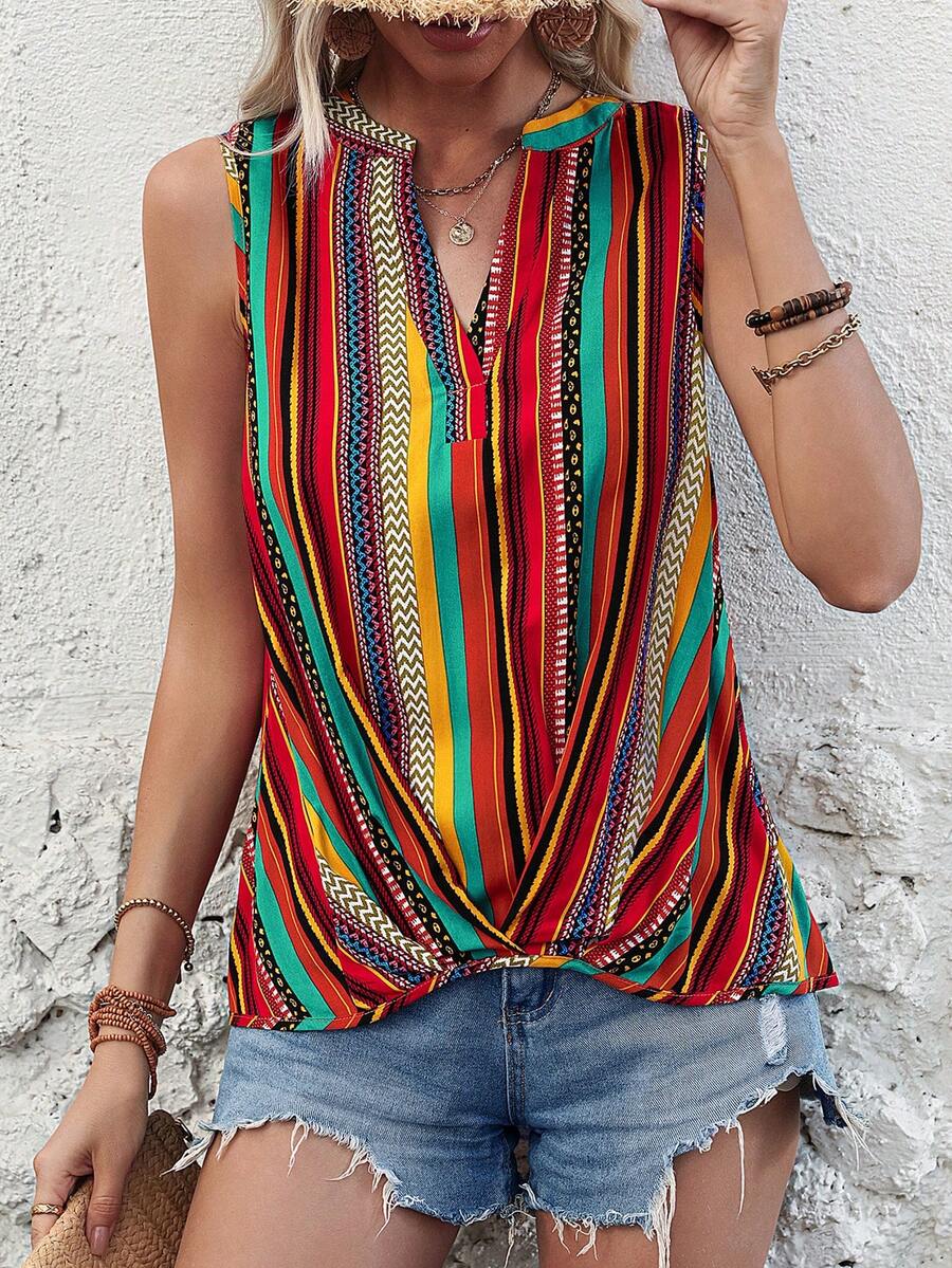 SHEIN VCAY Blusa Sin Mangas De Rayas Coloridas Con Escote En V - Multicolor - Ver 1