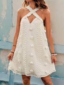 SHEIN VCAY 女式紋理交叉掛脖修身連身裙 - 杏色 - 查看 1